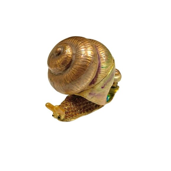 Trinket Box Snail Figurine Hinged Container Metal and Enamel Accent Unique Gift